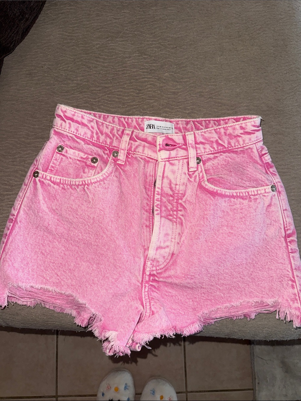Zara Pink Frayed Hem High-Waist Denim Shorts